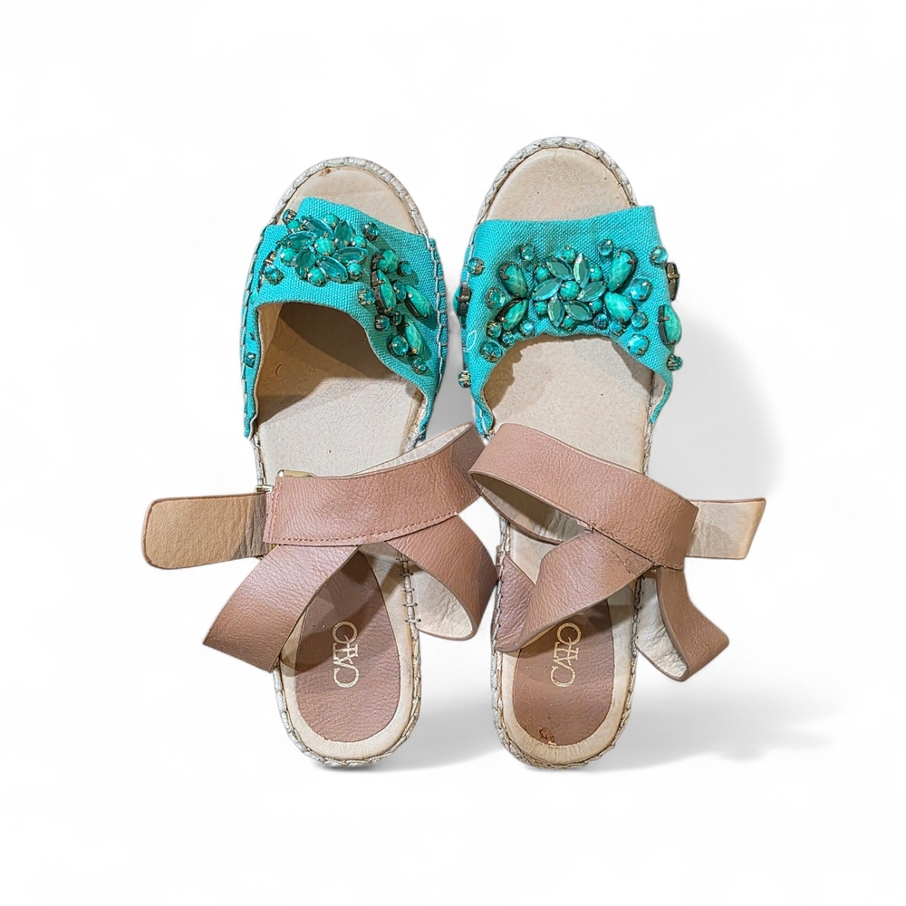 CATO Women's Turquoise and Tan Embellished Sandals.